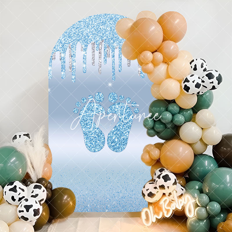 Aperturee - Blue Glitter Footprints Baby Shower Arch Backdrop