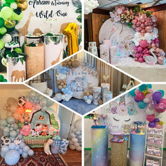 Aperturee - Blue Glitter Girl And Floral Round Baby Shower Backdrop Kit