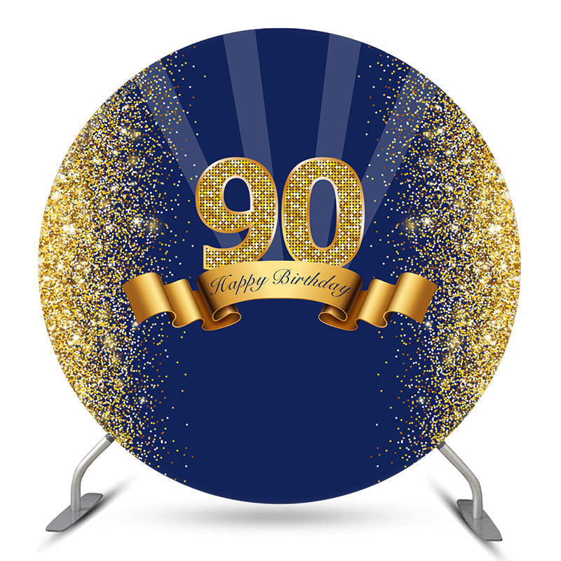 Aperturee Blue Glitter Gold Round Happy 90th Birthday Backdrop