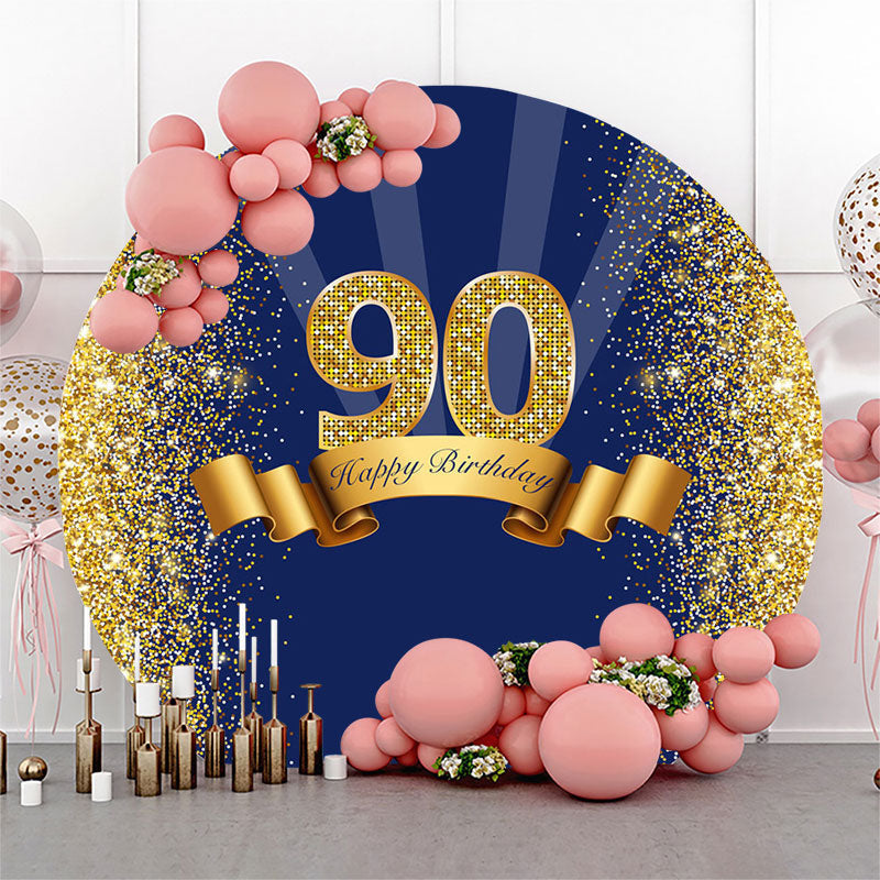 Aperturee Blue Glitter Gold Round Happy 90th Birthday Backdrop