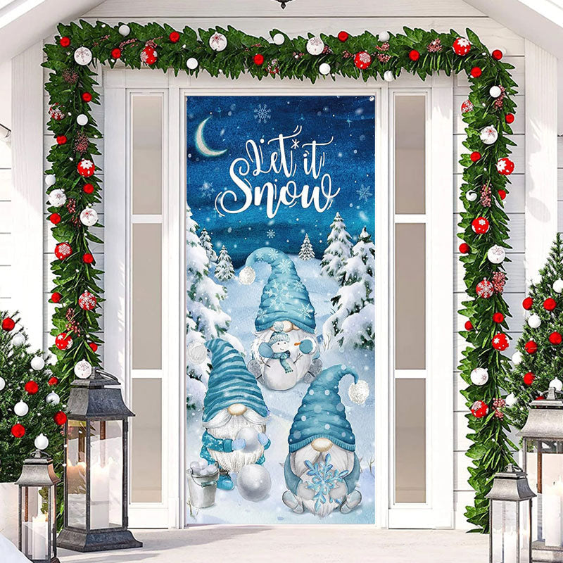 Aperturee - Blue Gnomes Snowy Forest Night Christmas Door Cover