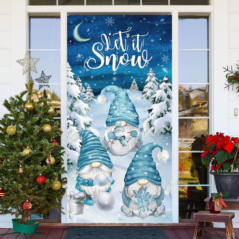 Aperturee - Blue Gnomes Snowy Forest Night Christmas Door Cover