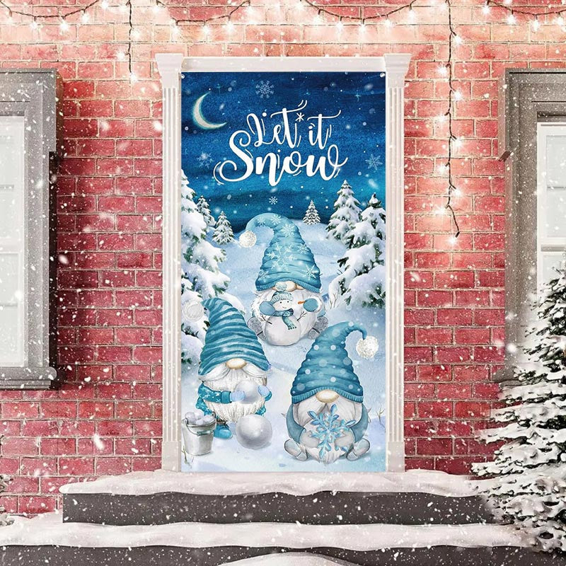 Aperturee - Blue Gnomes Snowy Forest Night Christmas Door Cover