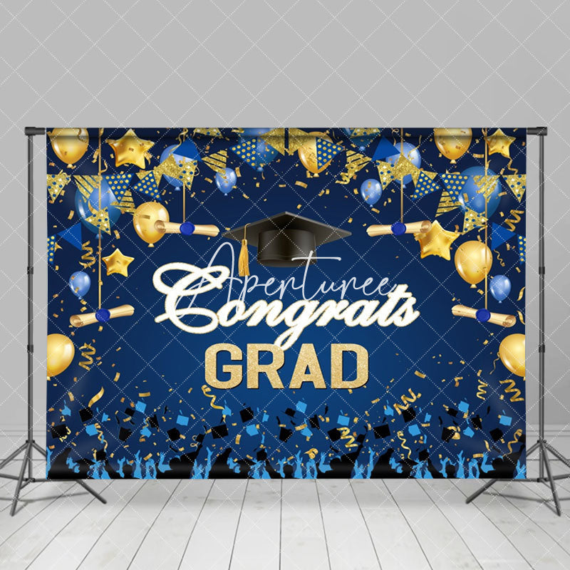 Aperturee - Blue Gold Balloon Ribbon Student Graduation Backdrop