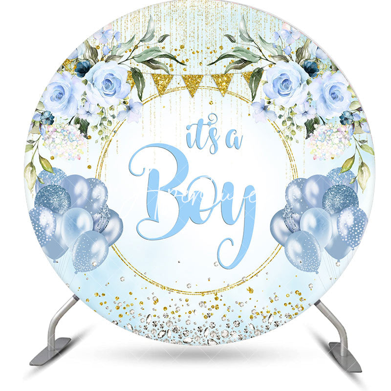 Aperturee - Blue Gold Diamonds Floral Round Baby Shower Backdrop