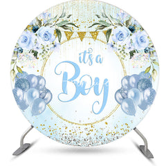 Aperturee - Blue Gold Diamonds Floral Round Baby Shower Backdrop