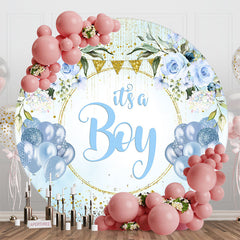 Aperturee - Blue Gold Diamonds Floral Round Baby Shower Backdrop