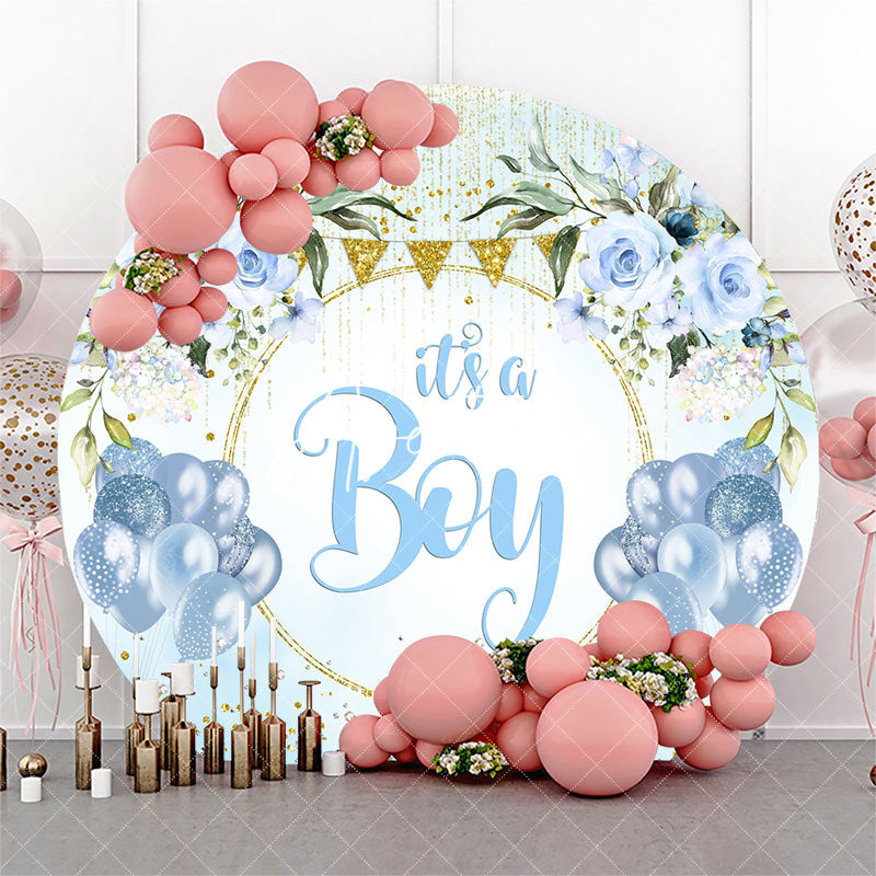 Aperturee - Blue Gold Diamonds Floral Round Baby Shower Backdrop