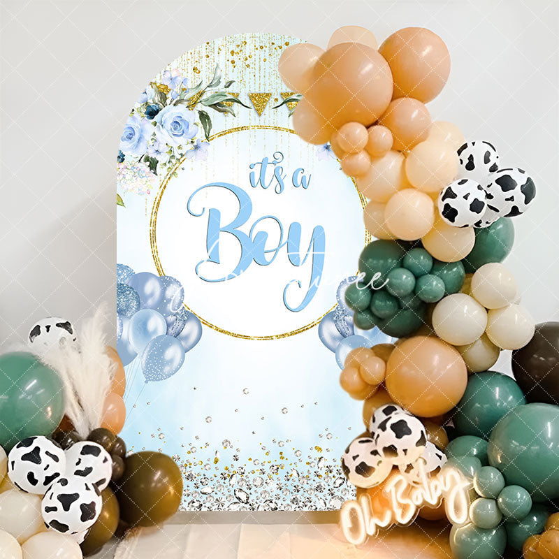 Aperturee - Blue Gold Floral Its A Boy Baby Shower Arch Backdrop