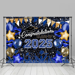 Aperturee - Blue Gold Glitter Balloons Congrats 2025 Grad Backdrop