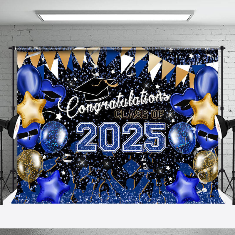 Aperturee - Blue Gold Glitter Balloons Congrats 2025 Grad Backdrop