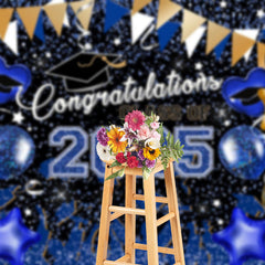 Aperturee - Blue Gold Glitter Balloons Congrats 2025 Grad Backdrop