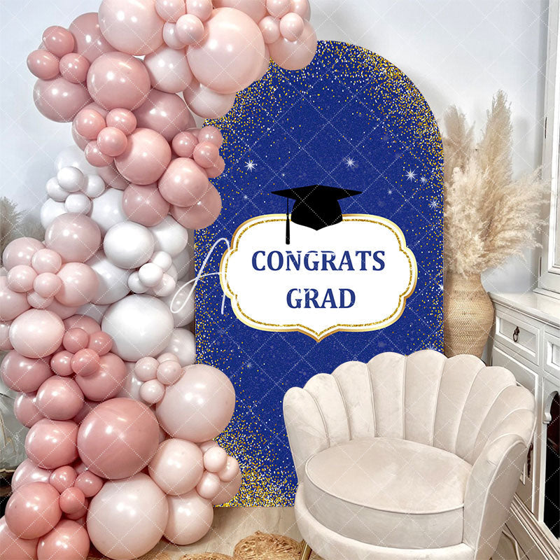 Aperturee - Blue Gold Glitter Cap Congrats Grad Arch Backdrop