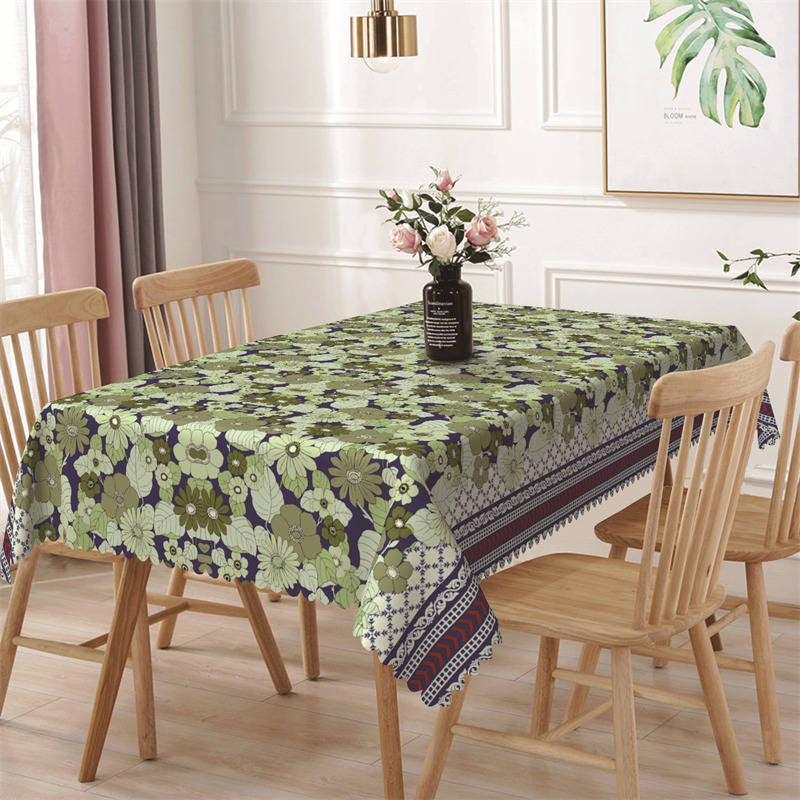 Aperturee - Blue Green Floral Pattern Retro Rectangle Tablecloth