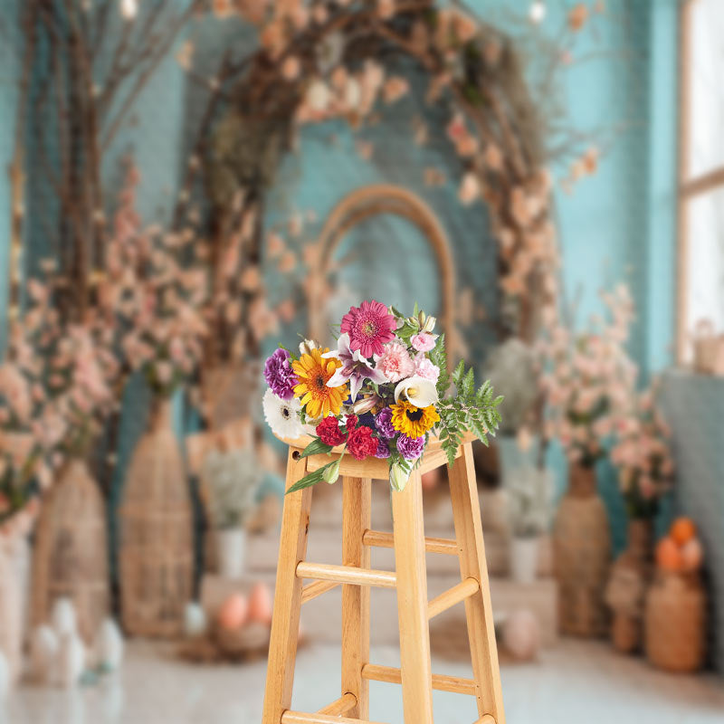 Aperturee - Blue Green Wall Floral Arch Stairs Easter Backdrop