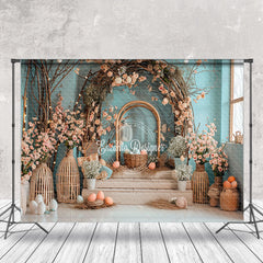 Aperturee - Blue Green Wall Floral Arch Stairs Easter Backdrop