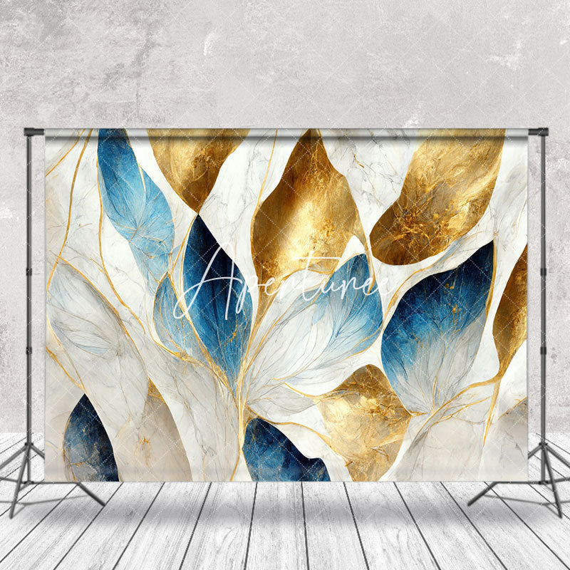 Aperturee - Blue Grey Gold Leaf Marble Texture Photo Backdrop