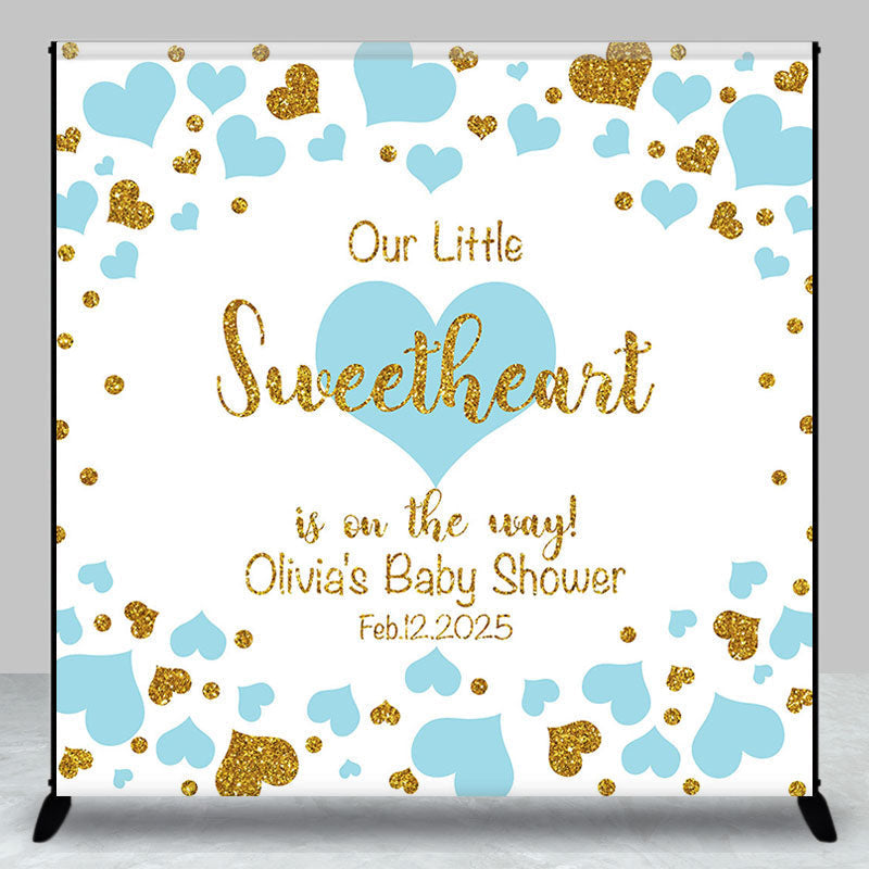 Aperturee - Blue Hearts Custom Name Baby Shower Backdrop For Boy