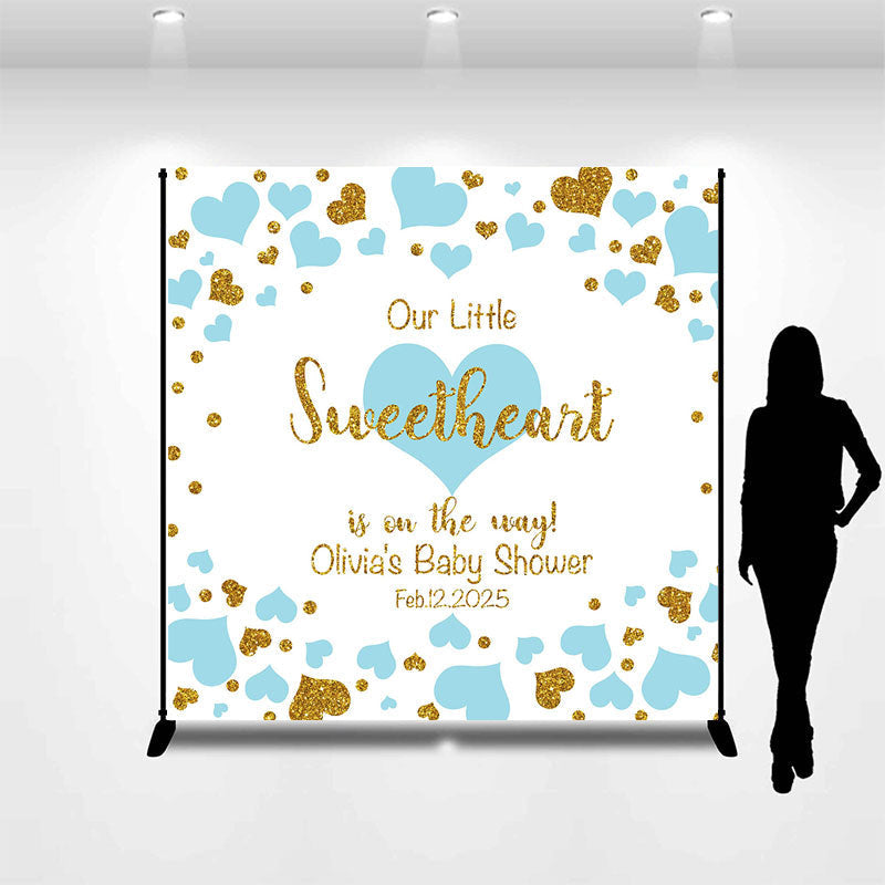 Aperturee - Blue Hearts Custom Name Baby Shower Backdrop For Boy