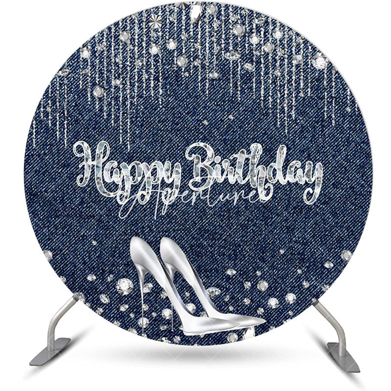 Aperturee - Blue High Heel Diamond Denim Round Birthday Backdrop