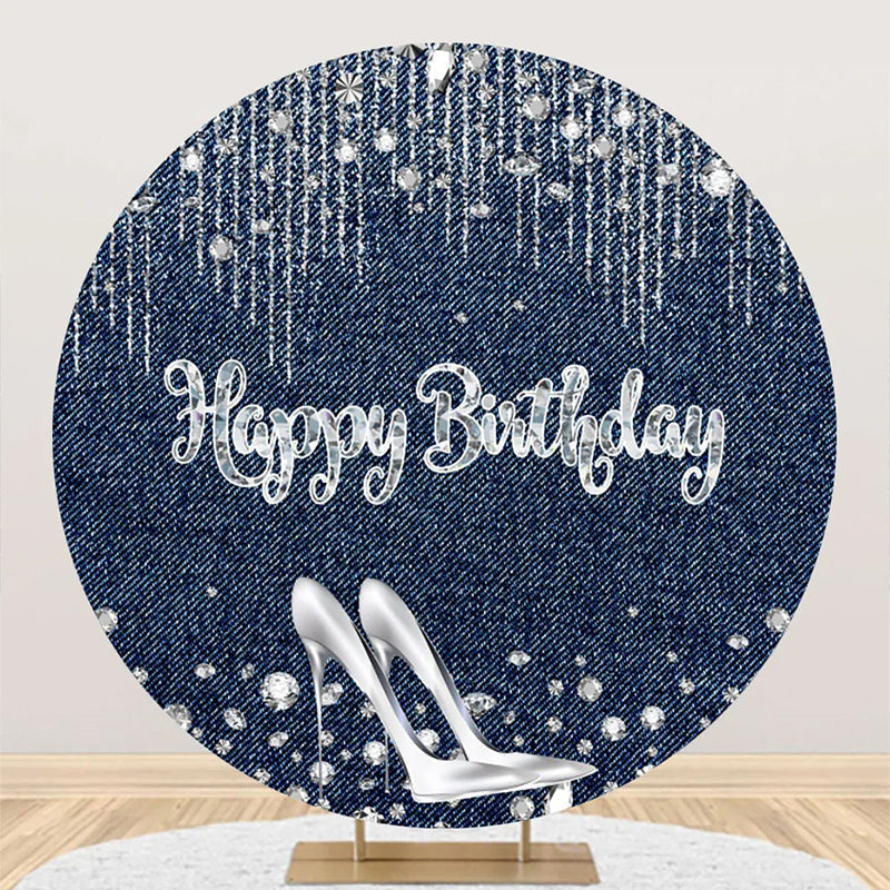 Aperturee - Blue High Heel Diamond Denim Round Birthday Backdrop