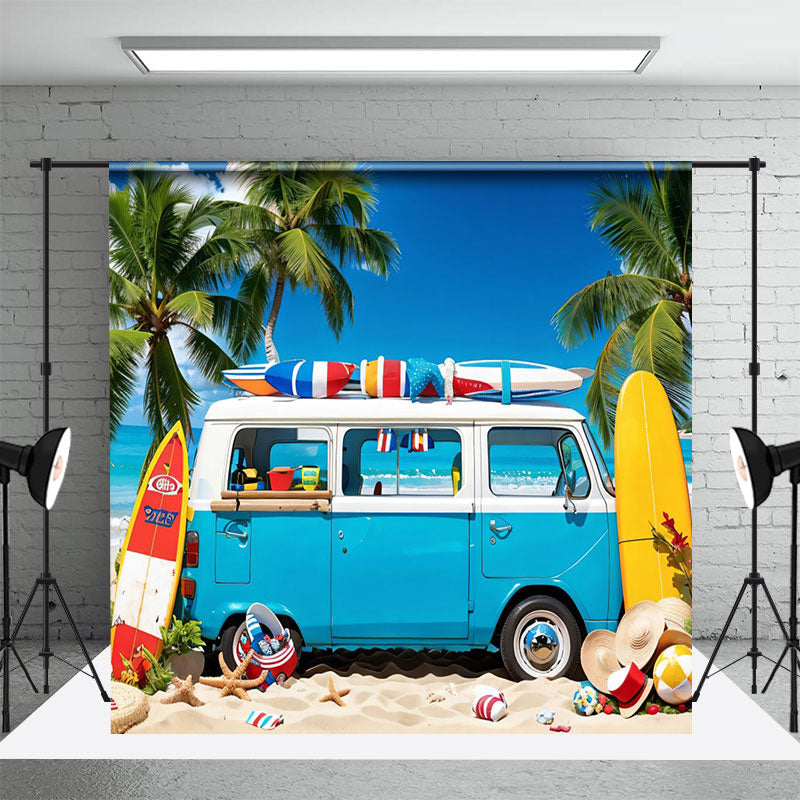 Aperturee - Blue Holiday Bus Surfboard Beach Summer Backdrop