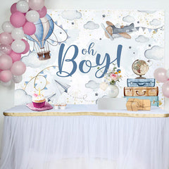 Aperturee - Blue Hot Air Balloon Baggage Baby Shower Backdrop