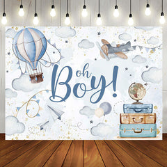 Aperturee - Blue Hot Air Balloon Baggage Baby Shower Backdrop