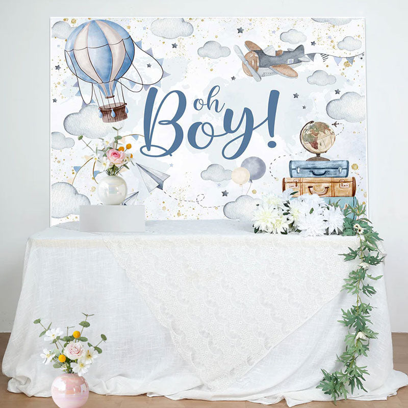 Aperturee - Blue Hot Air Balloon Baggage Baby Shower Backdrop