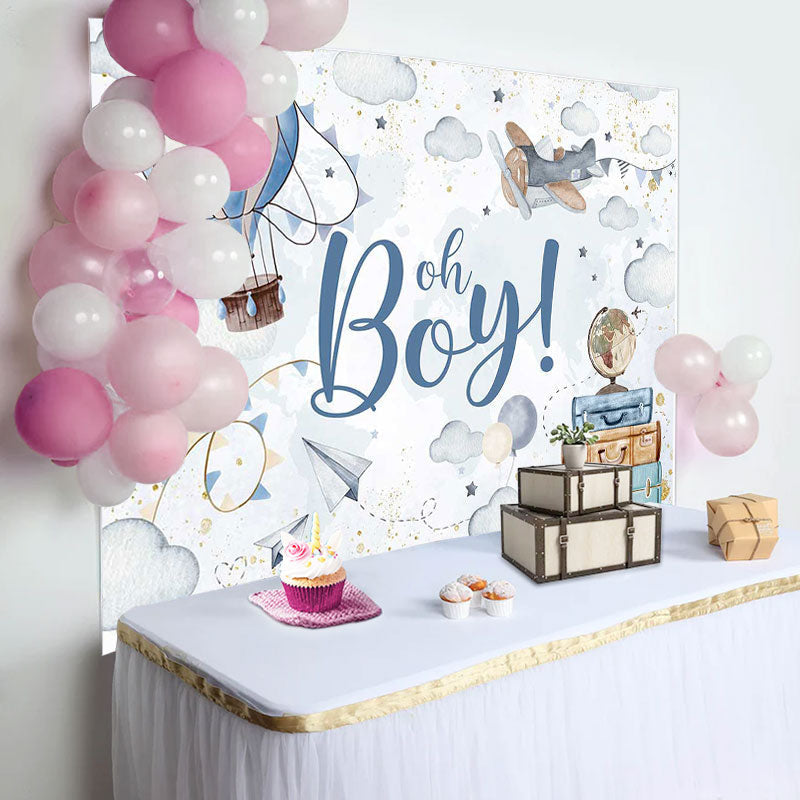 Aperturee - Blue Hot Air Balloon Baggage Baby Shower Backdrop