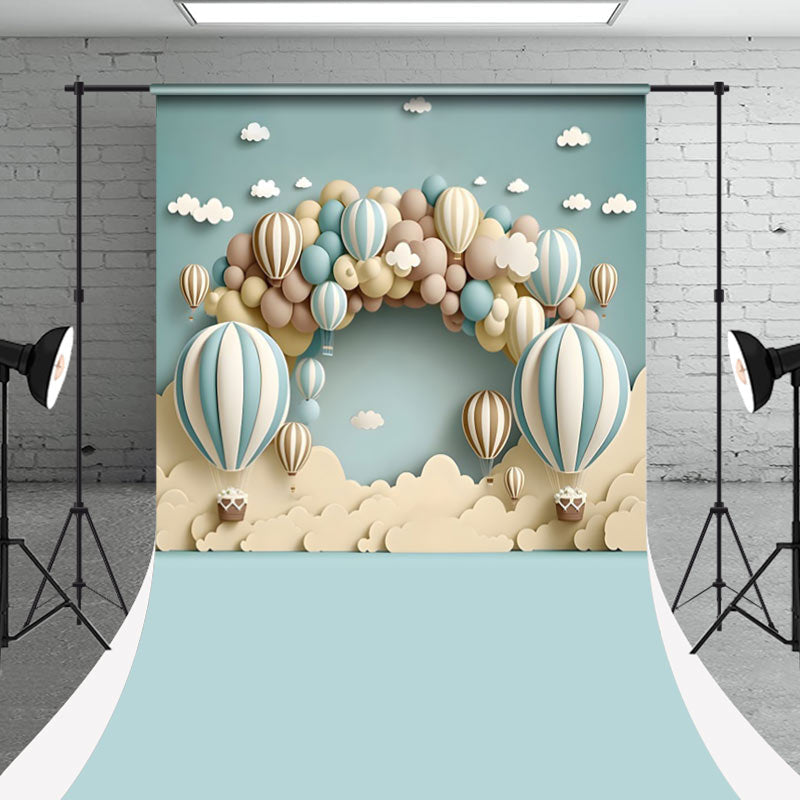 Aperturee - Blue Hot Air Balloons Clouds Sweep Photo Backdrop