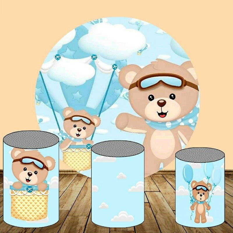 Aperturee Blue Hot Ballon And Bear round Baby Shower Backdrop Kit