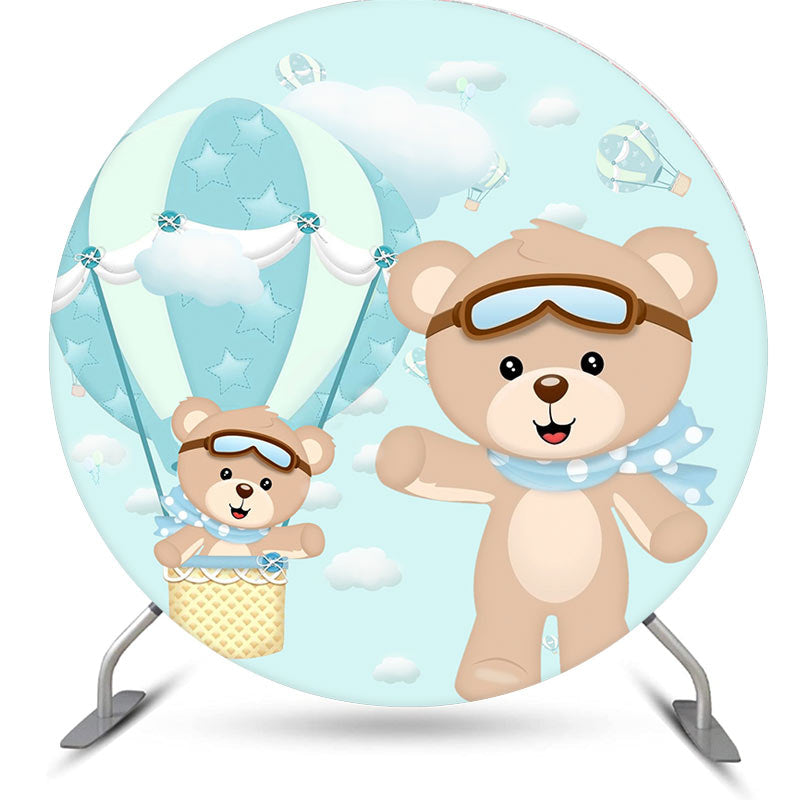 Aperturee - Blue Hot Balloon And Bear round Baby Shower Backdrop Kit