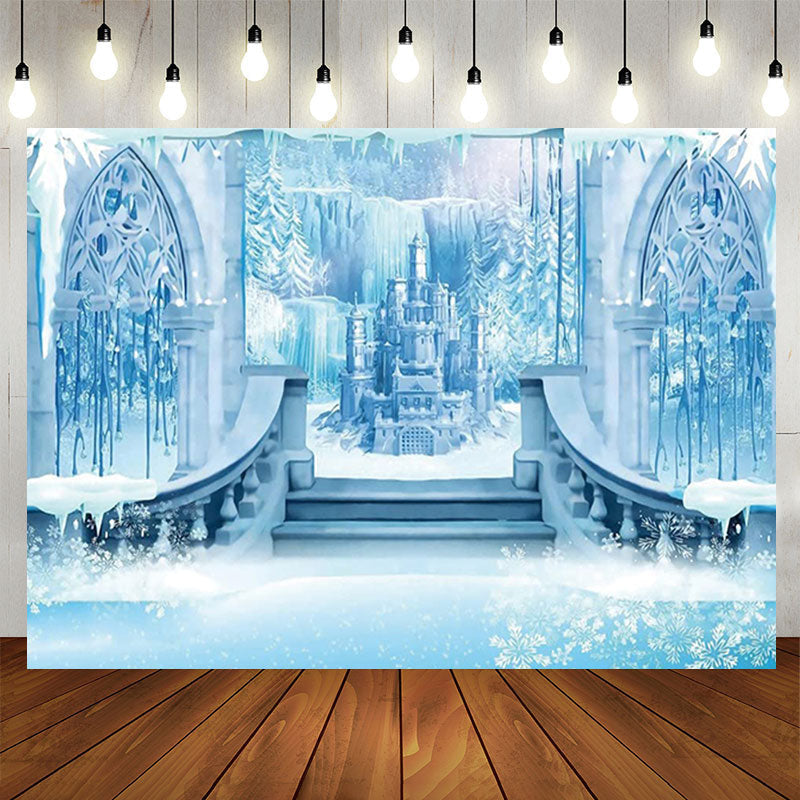 Aperturee - Blue Ice Castle Glitter Snowflake Party Backdrop