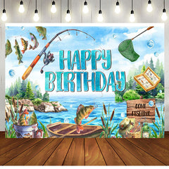 Aperturee - Blue Lake Wood Boat Fishing Happy Birthday Backdrop