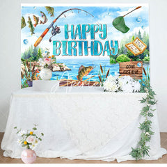 Aperturee - Blue Lake Wood Boat Fishing Happy Birthday Backdrop