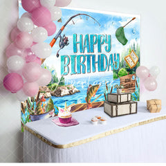 Aperturee - Blue Lake Wood Boat Fishing Happy Birthday Backdrop