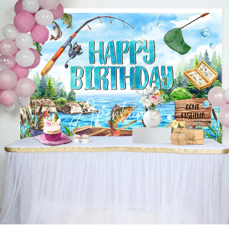 Aperturee - Blue Lake Wood Boat Fishing Happy Birthday Backdrop