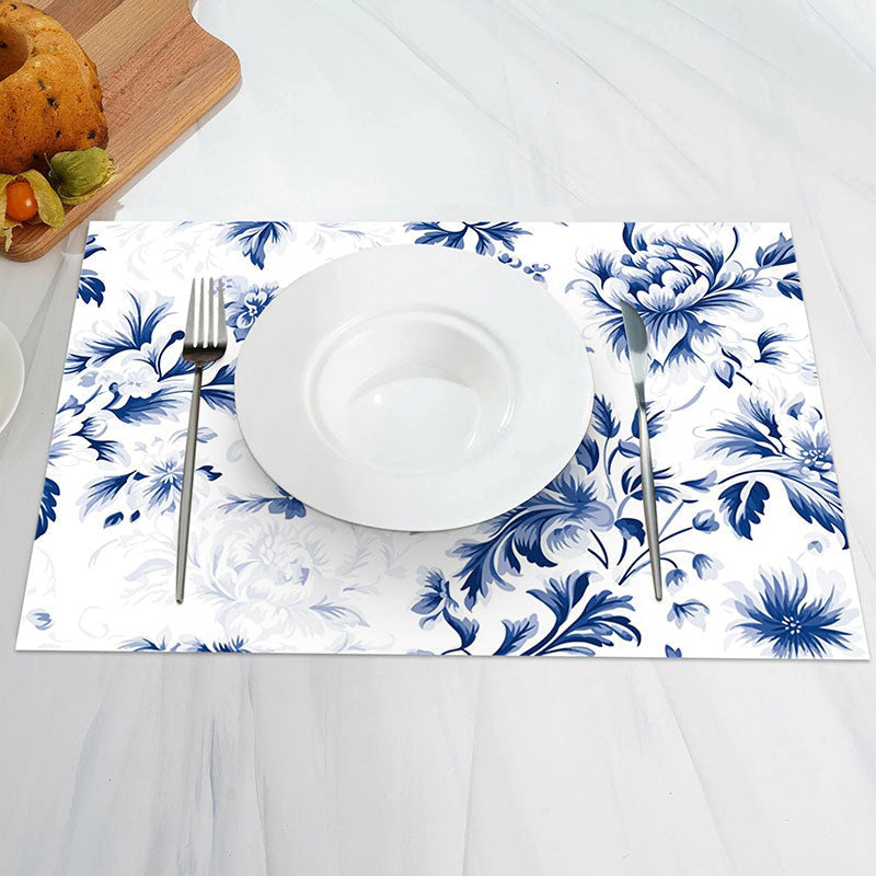 Aperturee - Blue Leaves Floral Faded Dining Set Of 4 Placemats