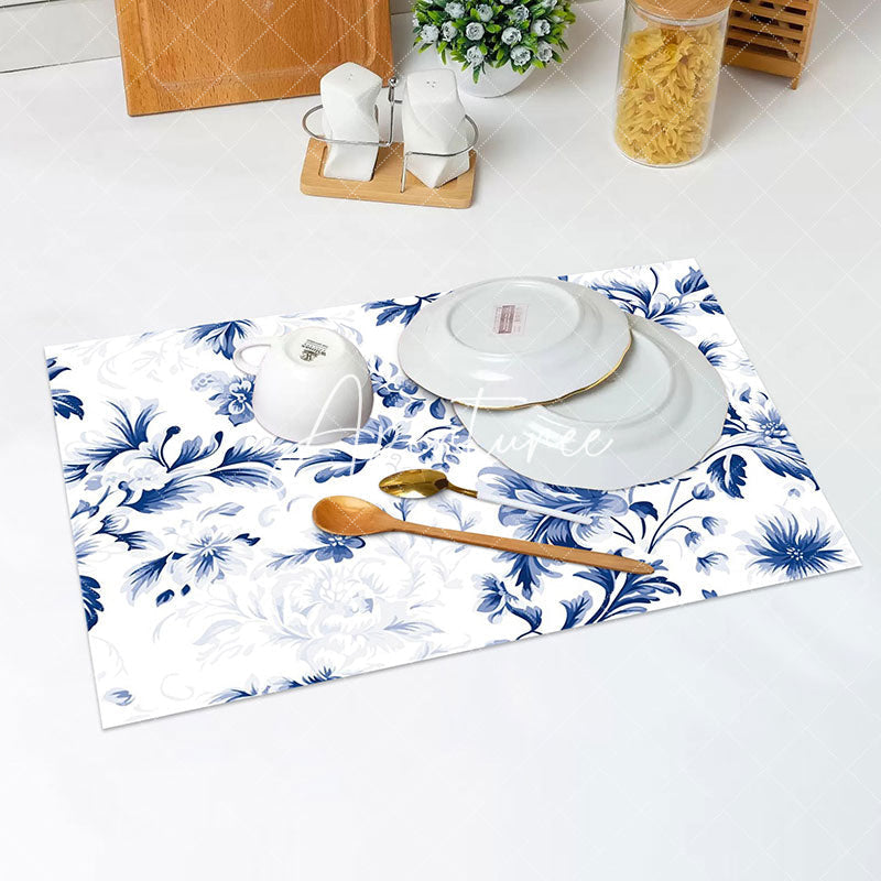 Aperturee - Blue Leaves Floral Faded Dining Set Of 4 Placemats