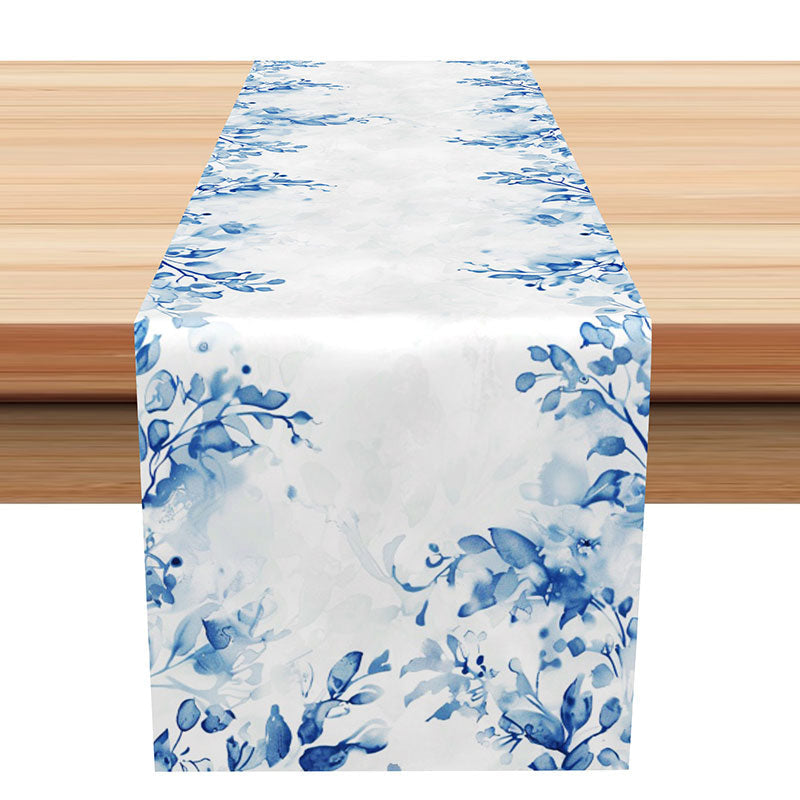 Aperturee - Blue Leaves Watercolor Faded Dining Table Runner