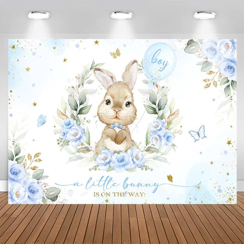 Aperturee - Blue Little Bunny Floral Boy Baby Shower Backdrop