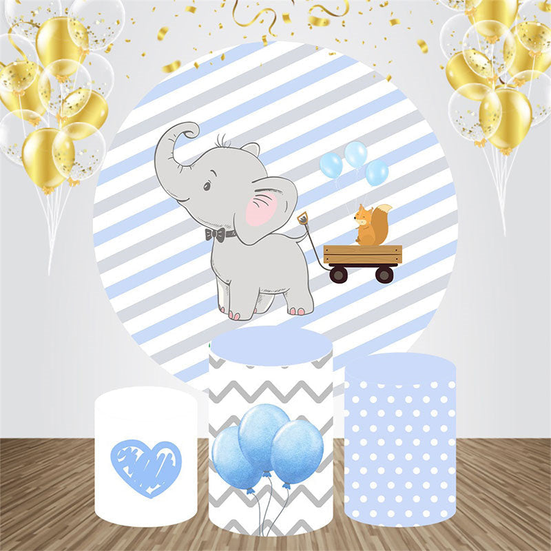 Aperturee - Blue Little Elephant Round Baby Shower Backdrop Kit