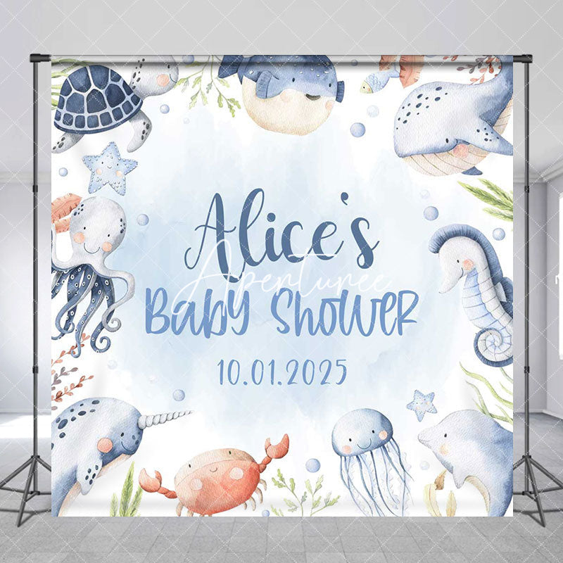 Aperturee - Blue Ocean Animals Baby Shower Custom Name Backdrop