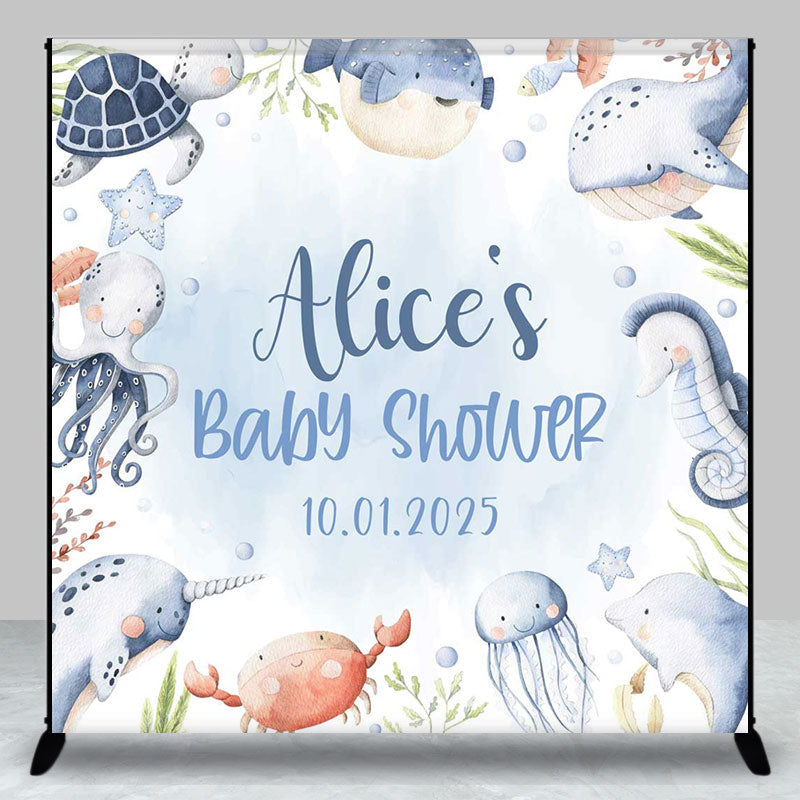 Aperturee - Blue Ocean Animals Baby Shower Custom Name Backdrop