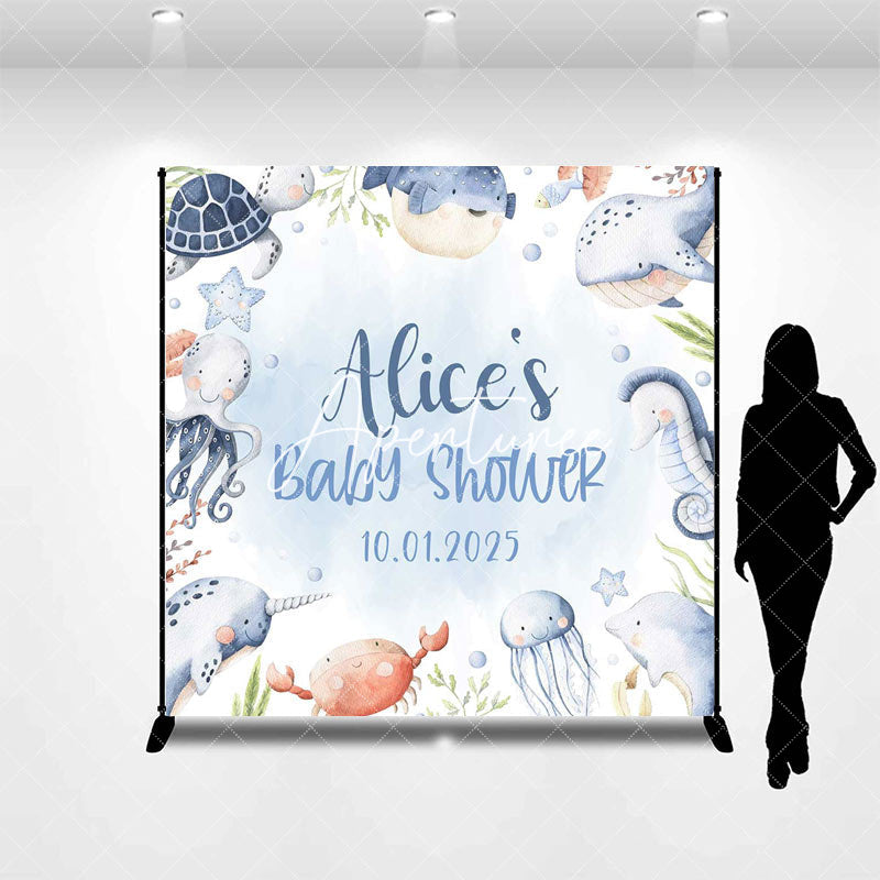 Aperturee - Blue Ocean Animals Baby Shower Custom Name Backdrop