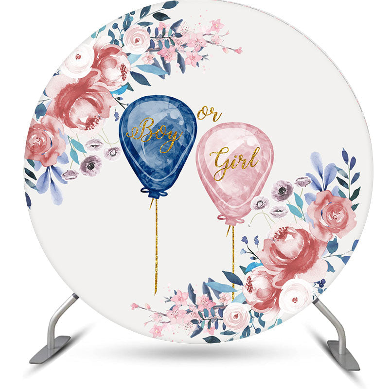 Aperturee - Blue Or Pink Balloon Floral Round Baby Shower Backdrop Kit