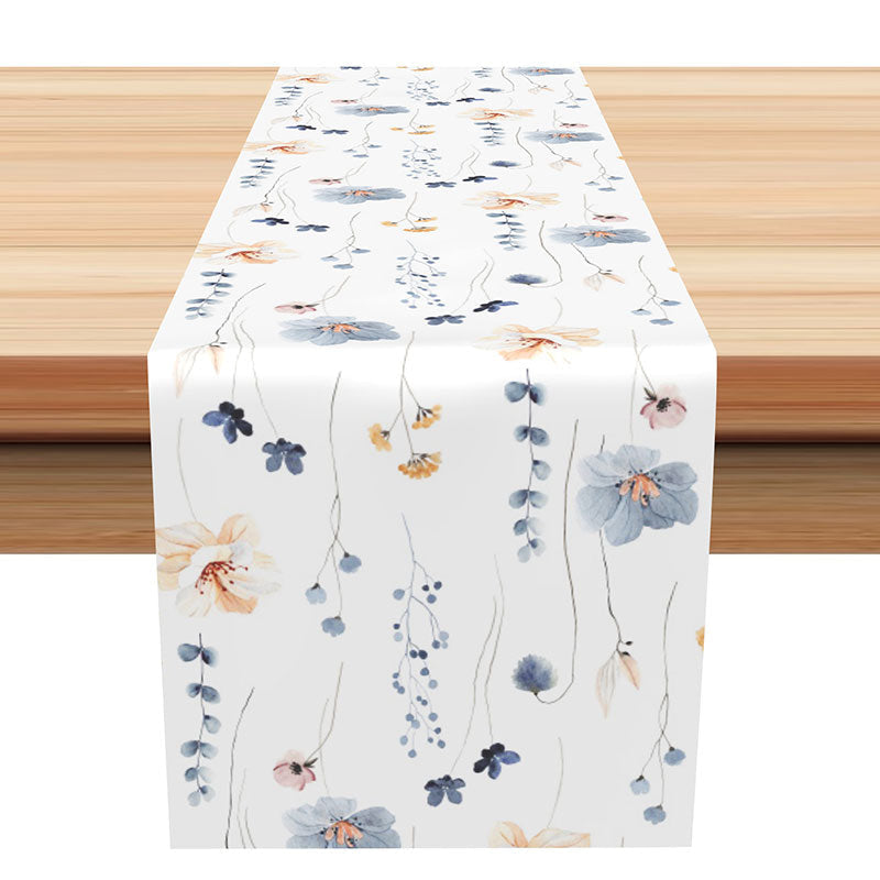 Aperturee - Blue Orange Pink Floral Leaves Repeat Table Runner