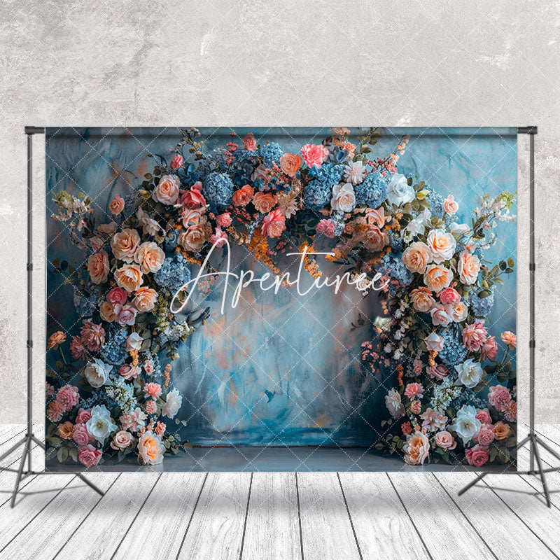 Aperturee - Blue Orange Wall Spring Floral Cake Smash Backdrop