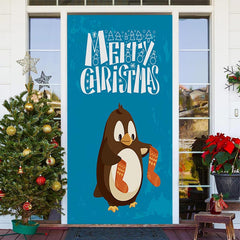 Aperturee - Blue Penguin Stockings Merry Christmas Door Cover